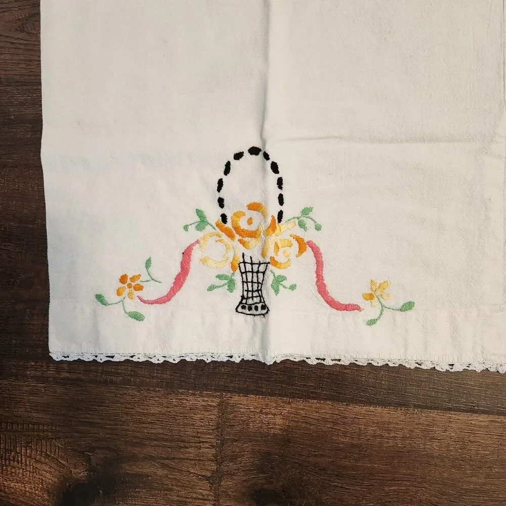 Vintage Pair Hand Embroidered Floral Crocheted Edges Pillowcases Cottagecore